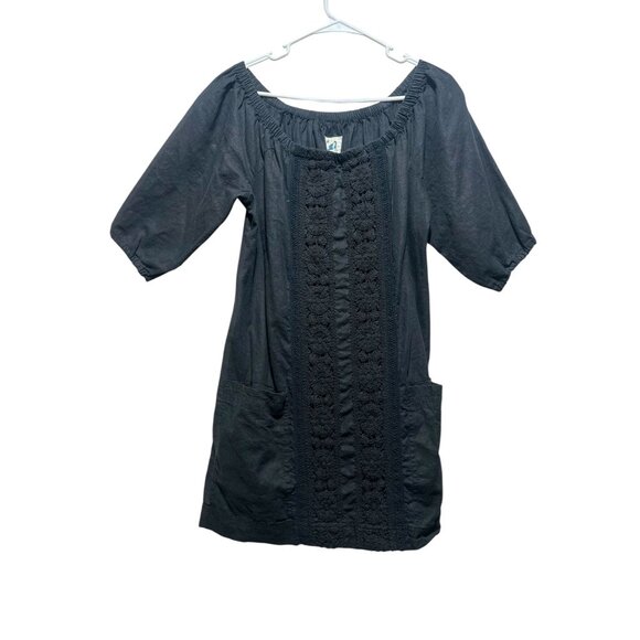 Anthropologie Linen Mini Tunic Medium Black Crochet Off Shoulder Puff Sleeves - Picture 1 of 14